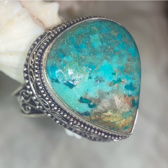 Rare Chrysocolla natural gemstone teardrop statement ring